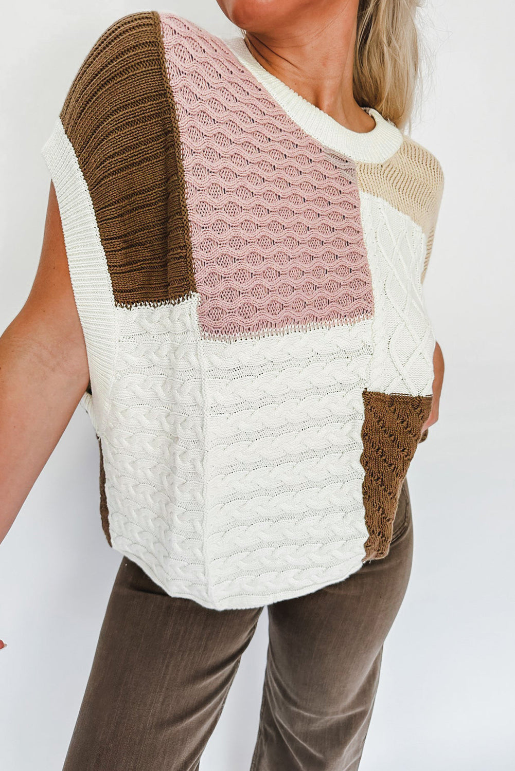 Multicolor Colorblock Mix Textured Sweater Tee