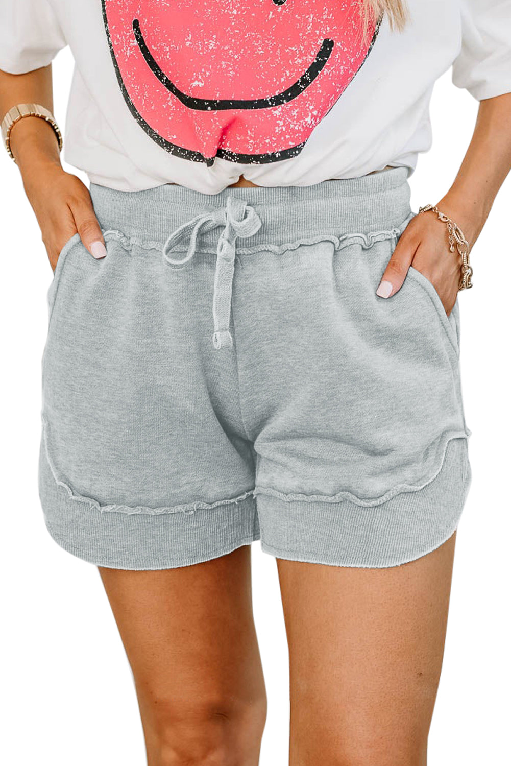Gray Ribbed Trim Knit Casual Shorts