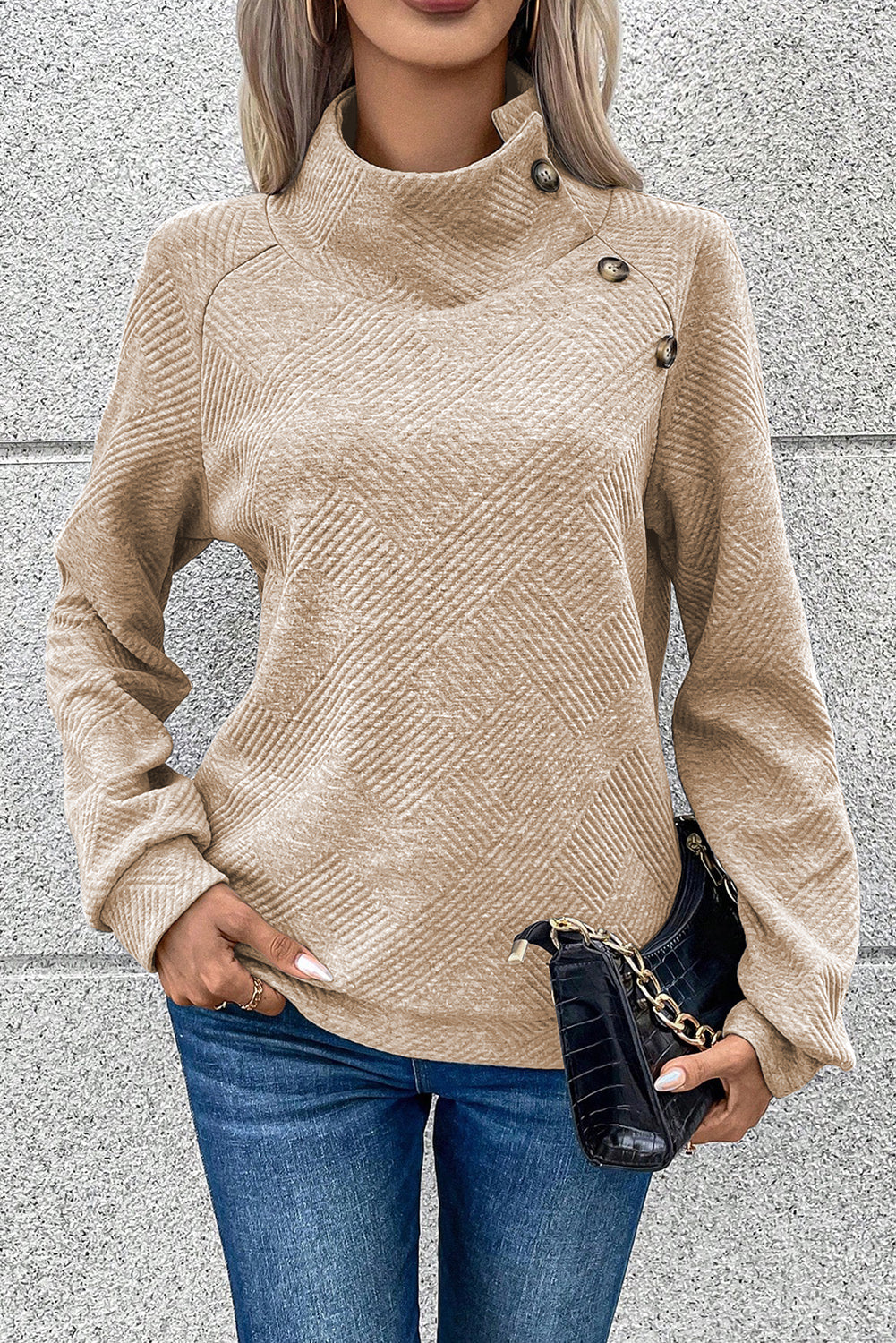 Gray Textured Contrast Splicing Raglan Sleeve Top