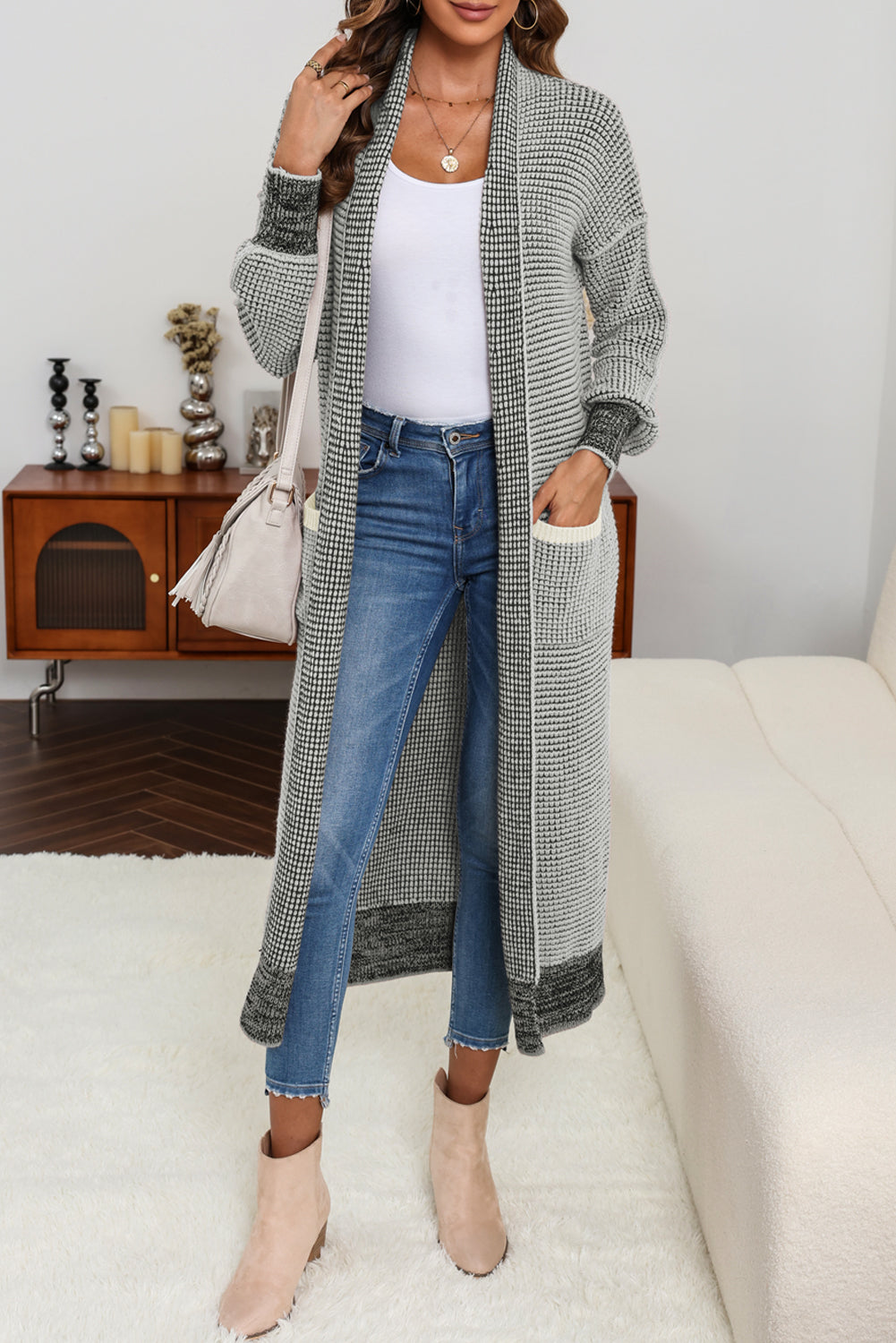 Gray Plaid Knitted Long Open Front Cardigan