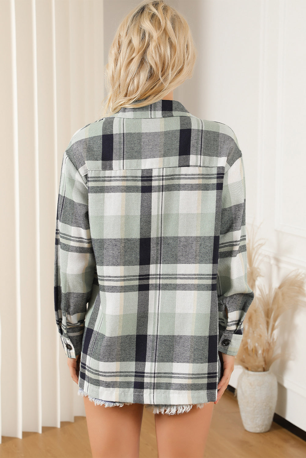 Green Printed Plus Size Chest Pocket Plaid Shirt