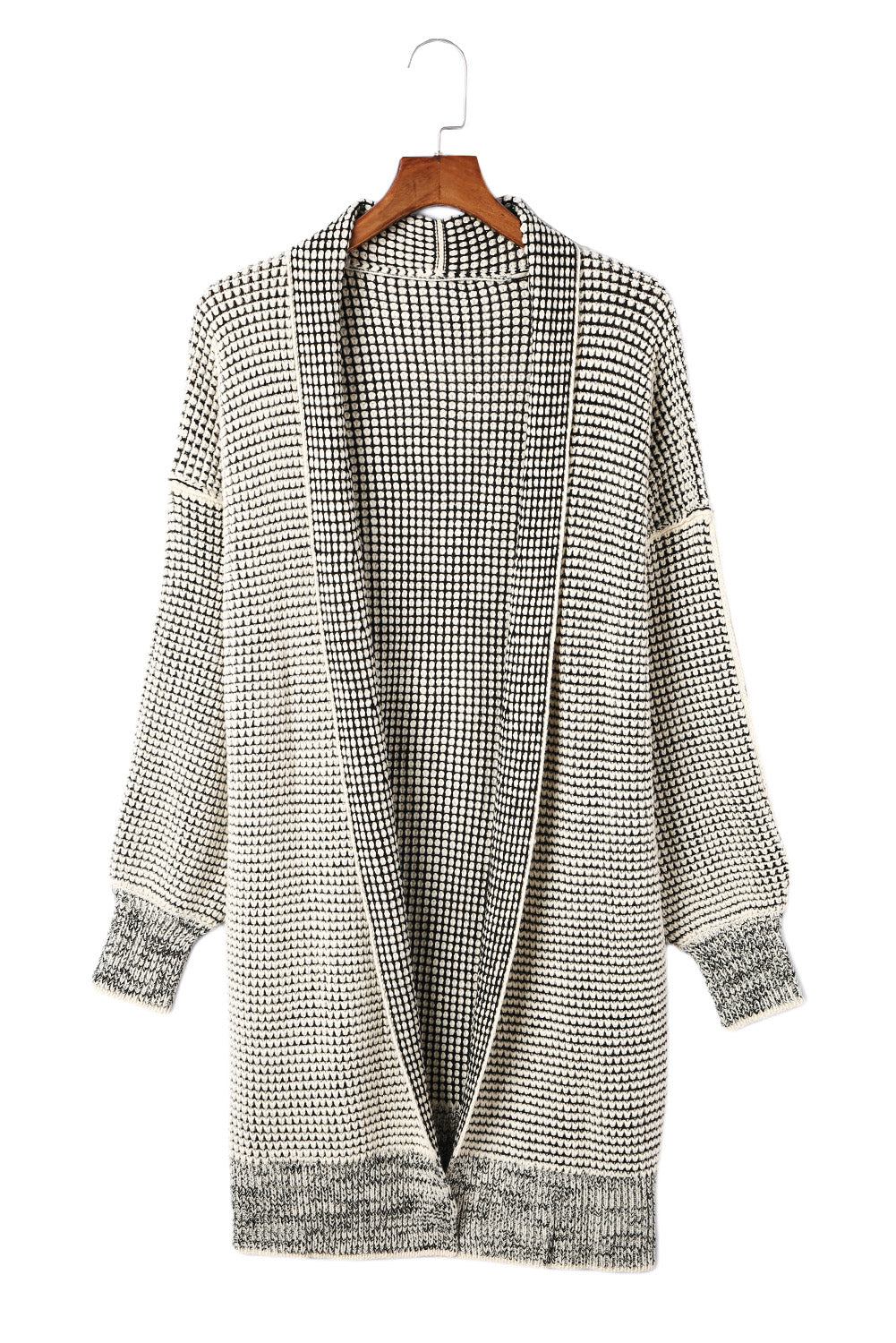 Gray Plaid Knitted Long Open Front Cardigan