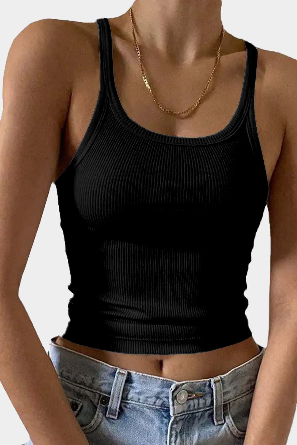 Black Ribbed Knit Cropped Tank Top
