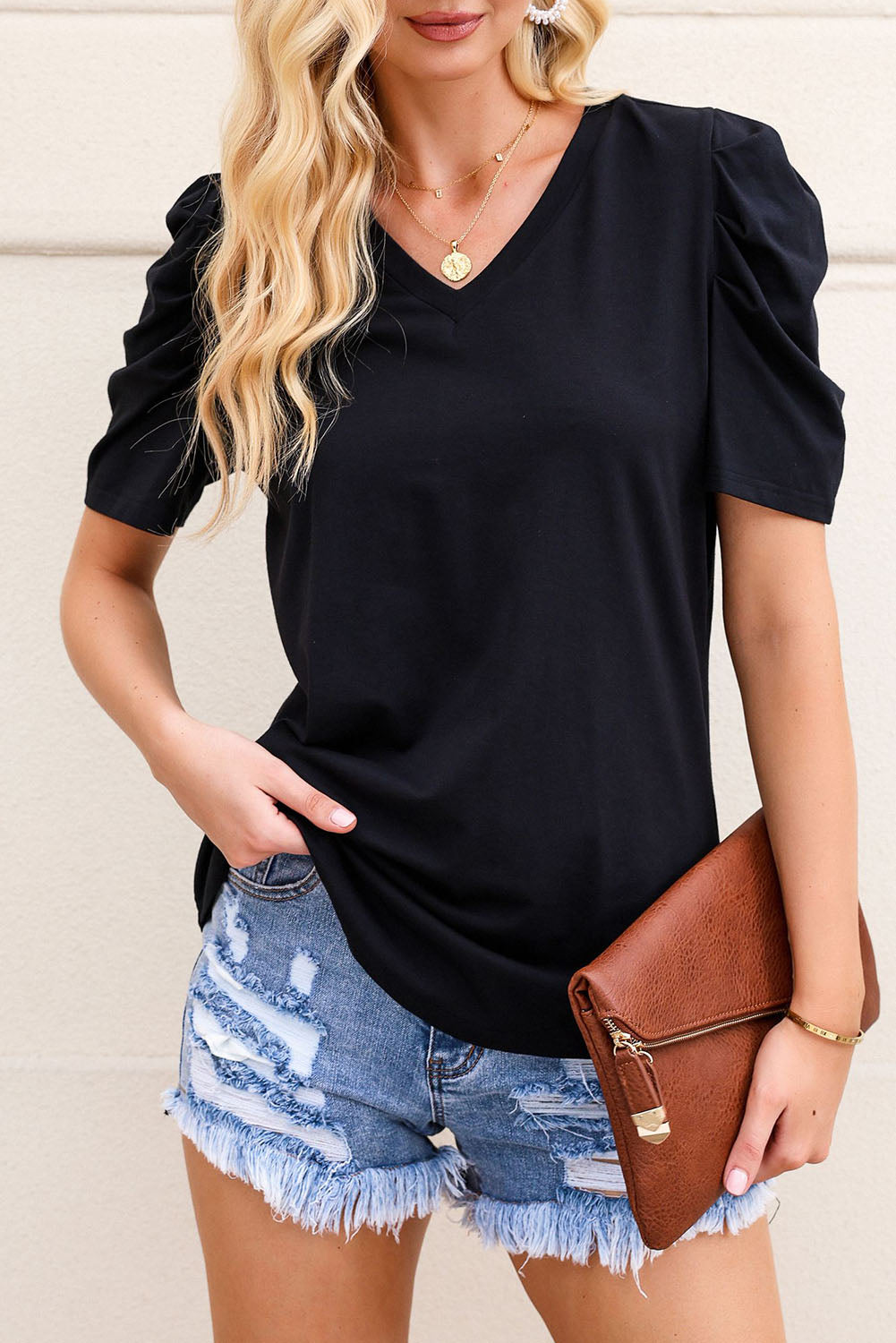 White Sequin Bow Patched Puff Sleeve T Shirt