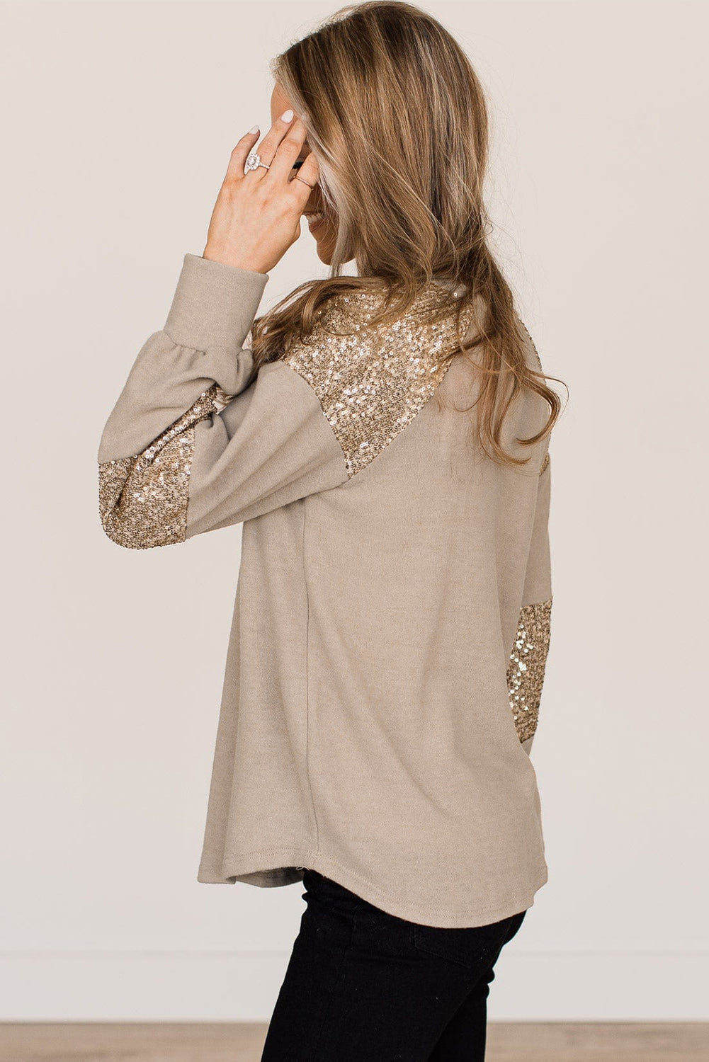 Flaxen Sequin Patched Long Sleeve Top