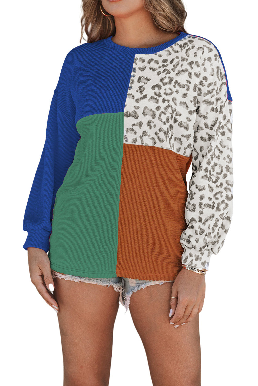 Khaki Leopard Patchwork Color Block Ribbed Long Sleeve Top