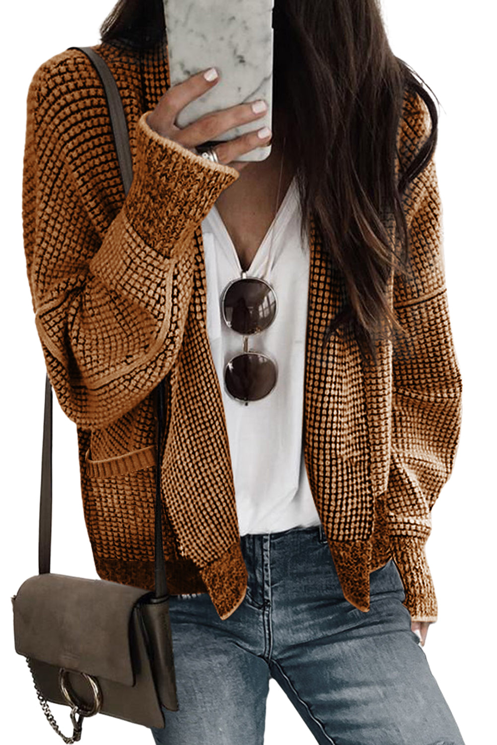 Gray Plaid Knitted Long Open Front Cardigan