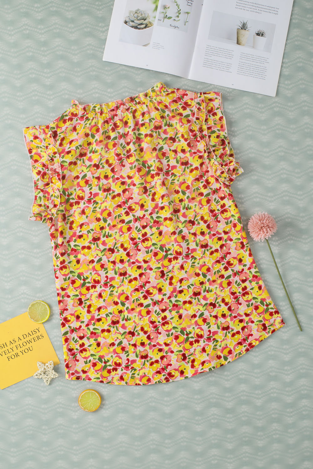 Yellow Floral Print Flutter Sleeve V Neck Tank Top