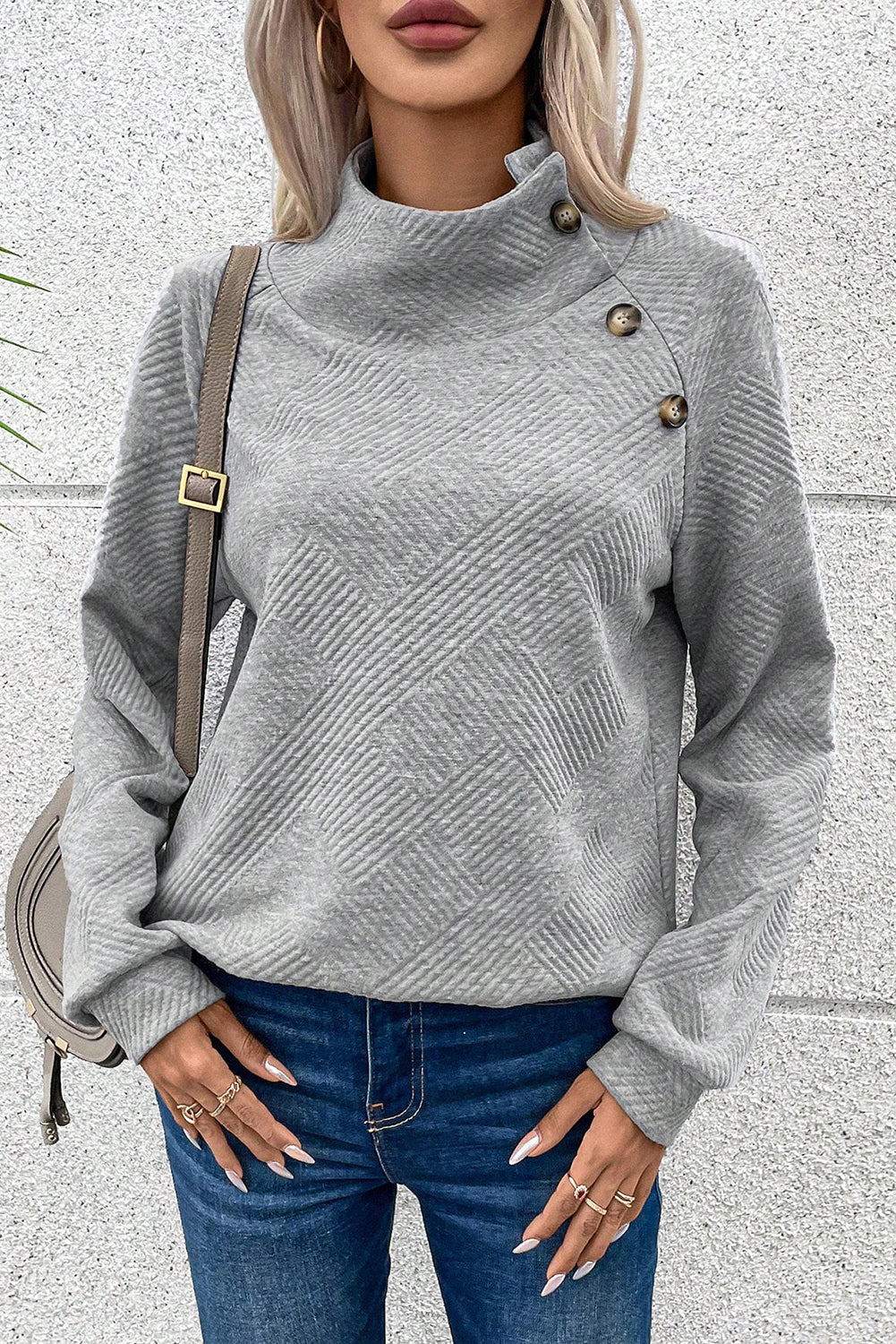 Gray Textured Contrast Splicing Raglan Sleeve Top