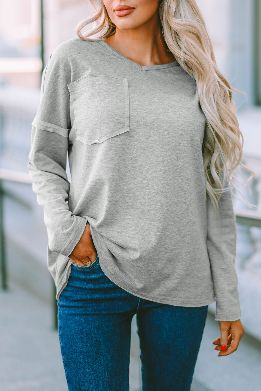 Gray Pocketed Oversized Drop Sleeve Top