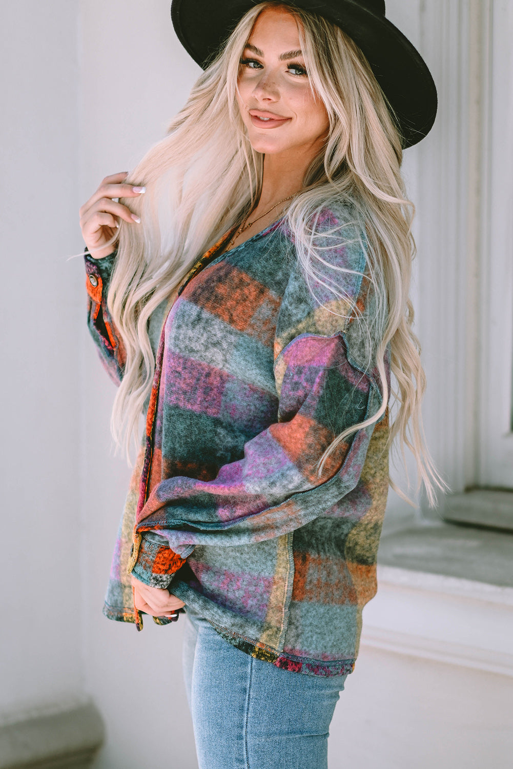 Multicolor Brushed Plaid Plus Size Shacket