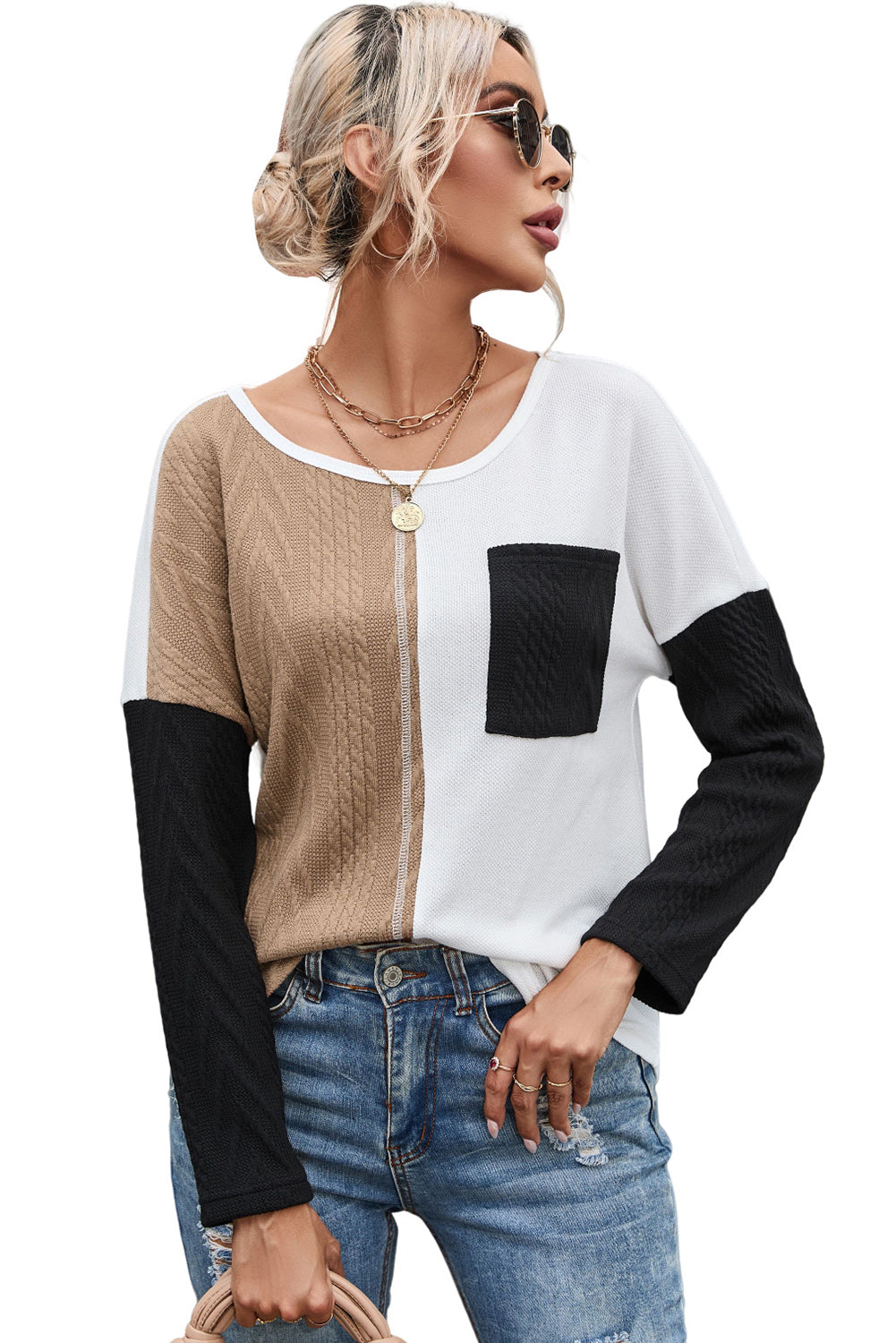 Orange Long Sleeve Colorblock Chest Pocket Textured Knit Top