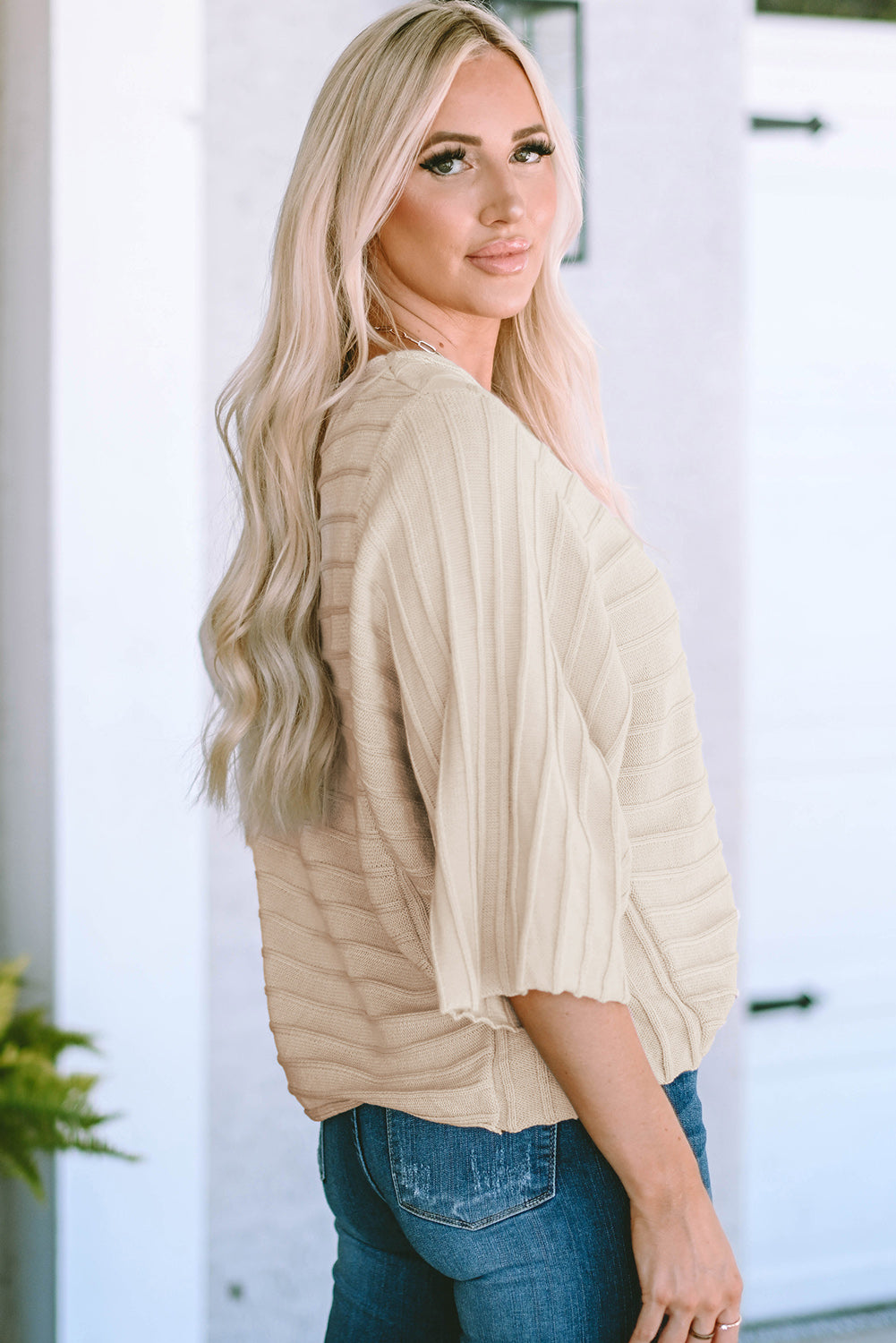 Gray Exposed Seam Ribbed Knit Dolman Top