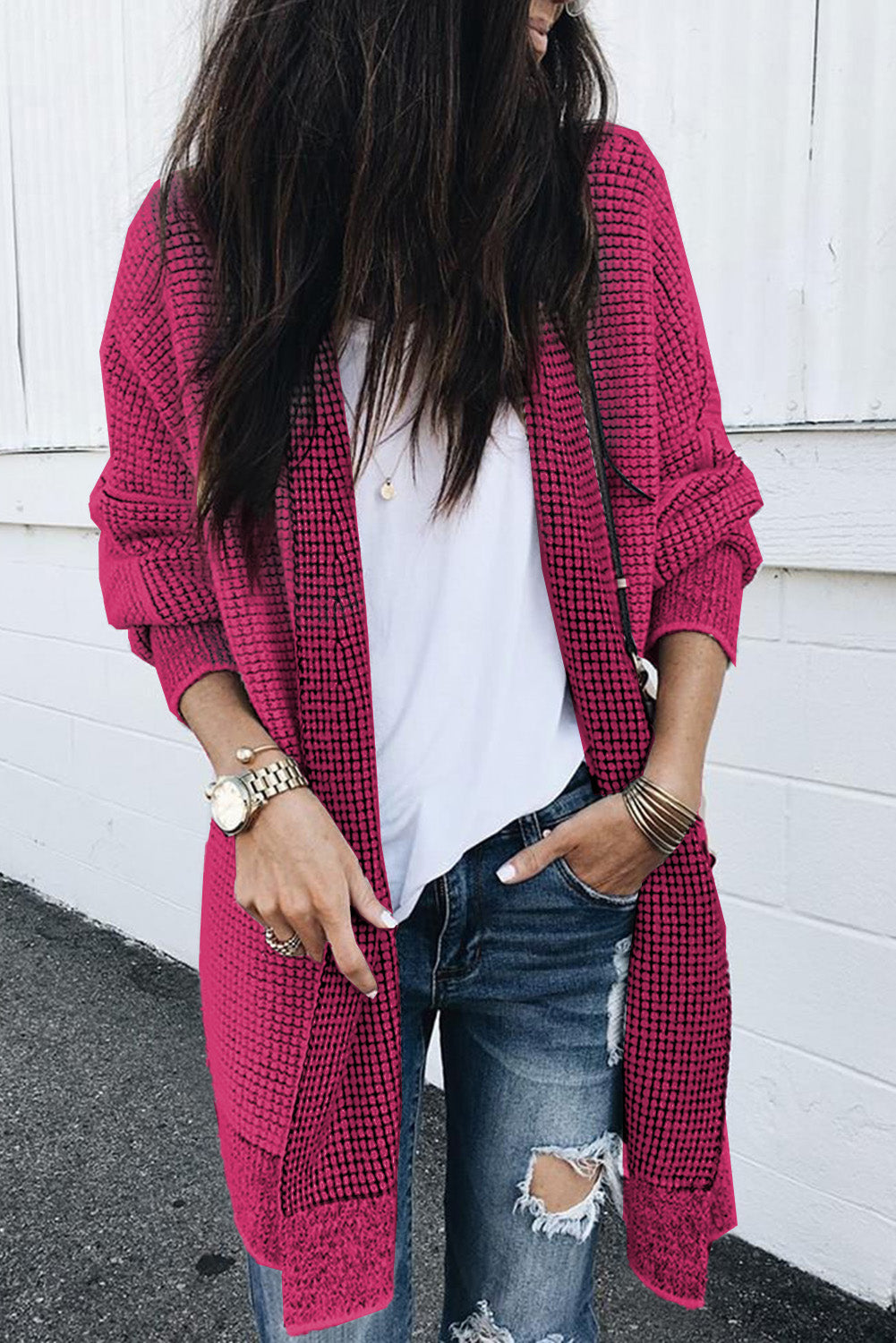 Gray Plaid Knitted Long Open Front Cardigan