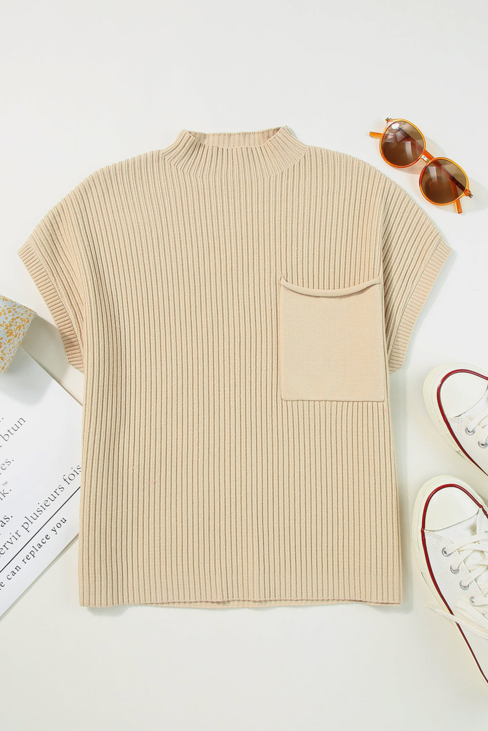 Apricot Ribbed V Neck Patched Chest Pocket Knit T-shirt