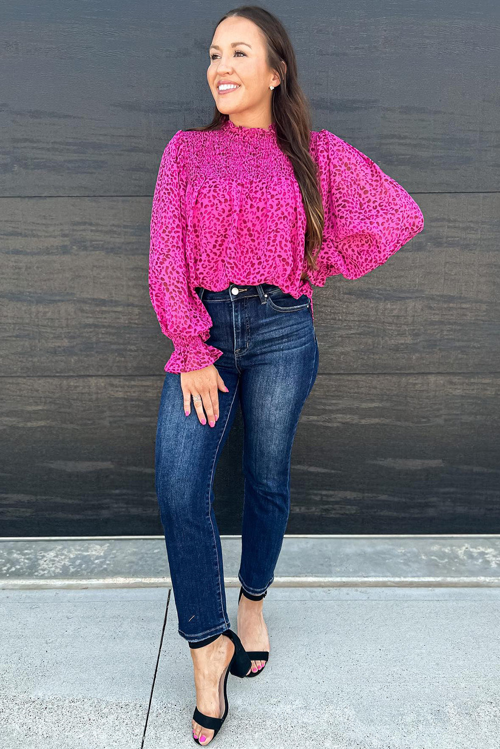 Rose Leopard Shirred Puff Sleeve Flowy Blouse