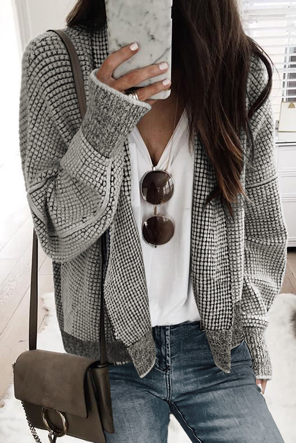 Gray Plaid Knitted Long Open Front Cardigan