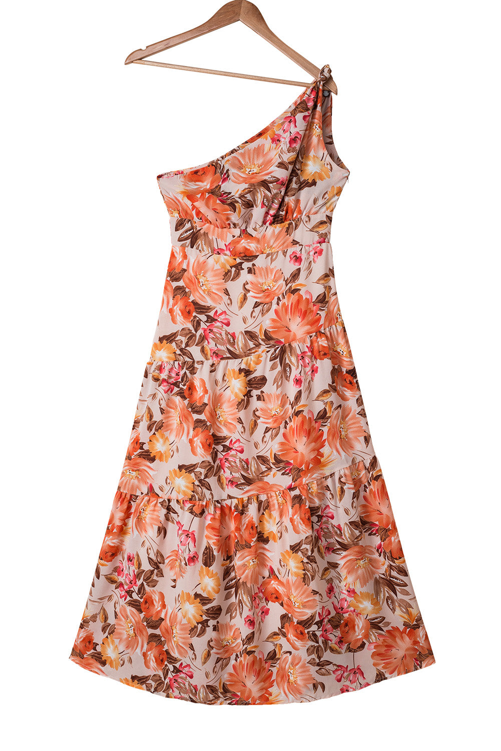 Orange Floral Print Pleated One Shoulder High Waist Maxi Dress