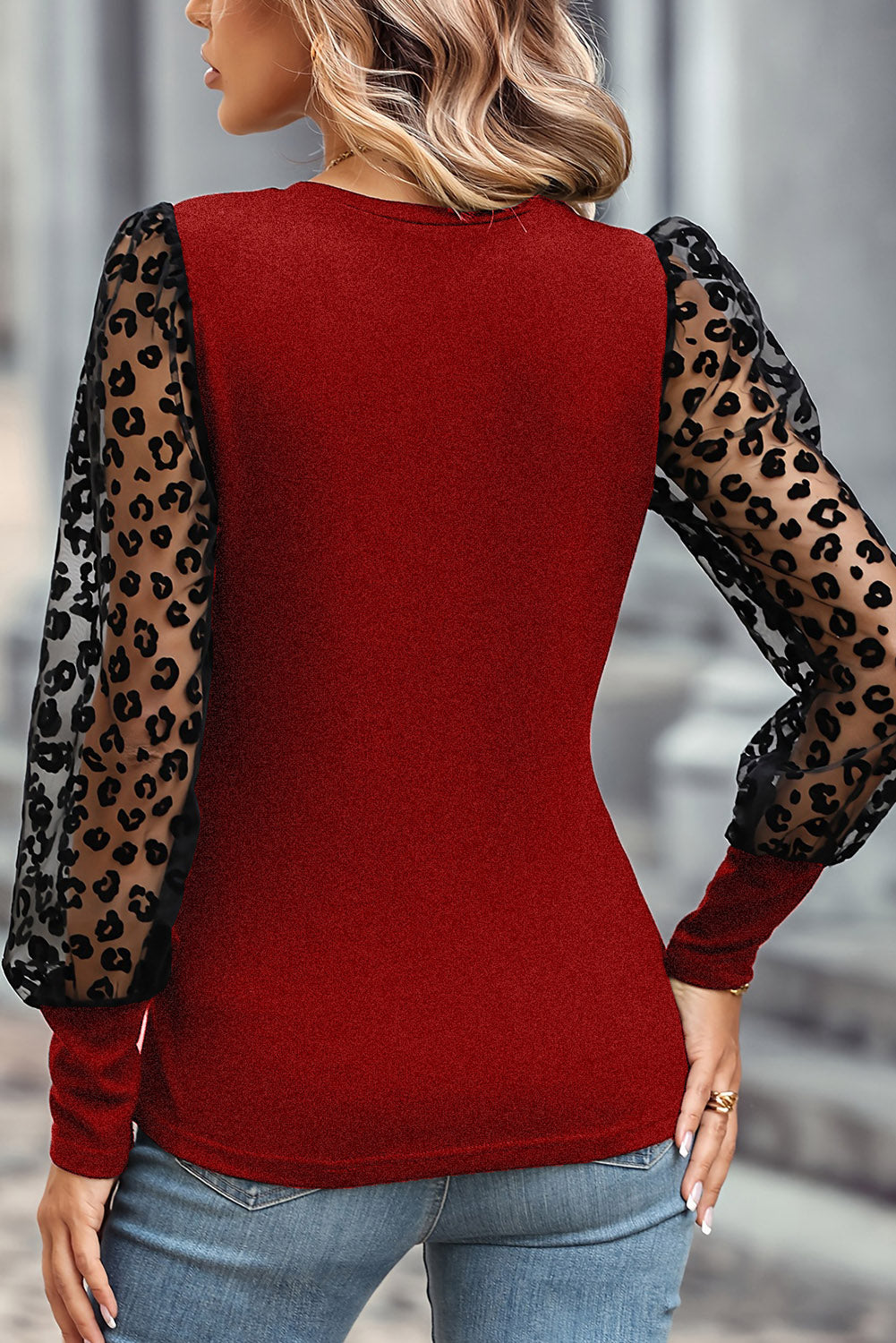 Red Dahlia Leopard Mesh Puff Sleeve Patchwork Slim Fit Top
