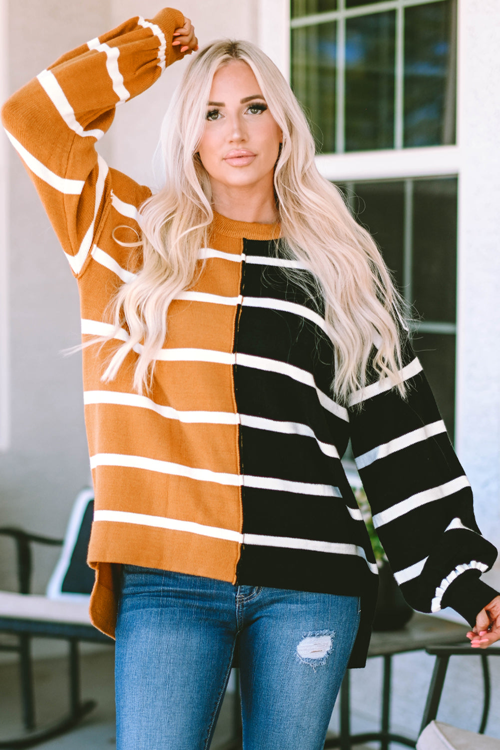 Plus Size Colorblock Striped Patchwork Loose Sweater