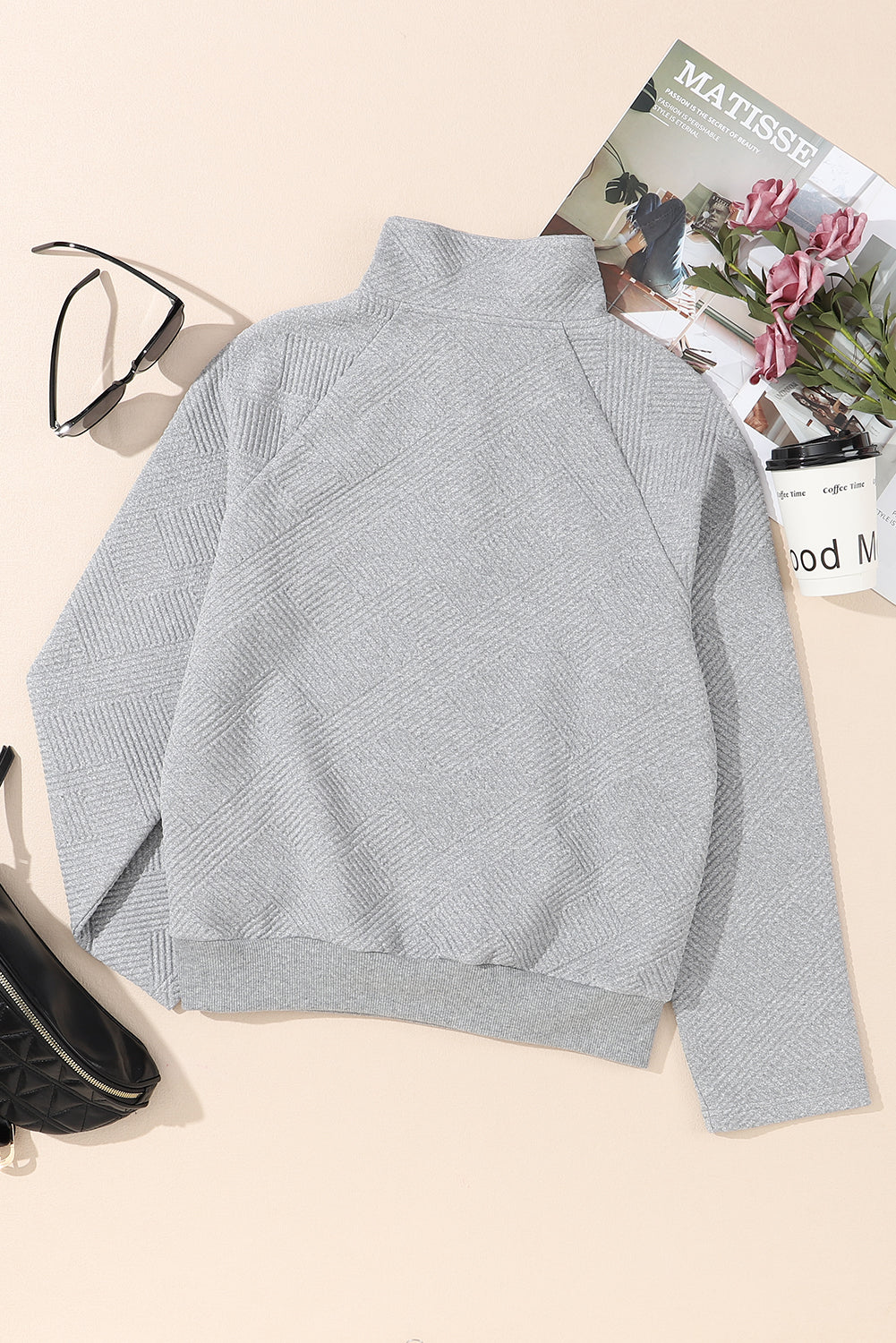 Gray Textured Contrast Splicing Raglan Sleeve Top