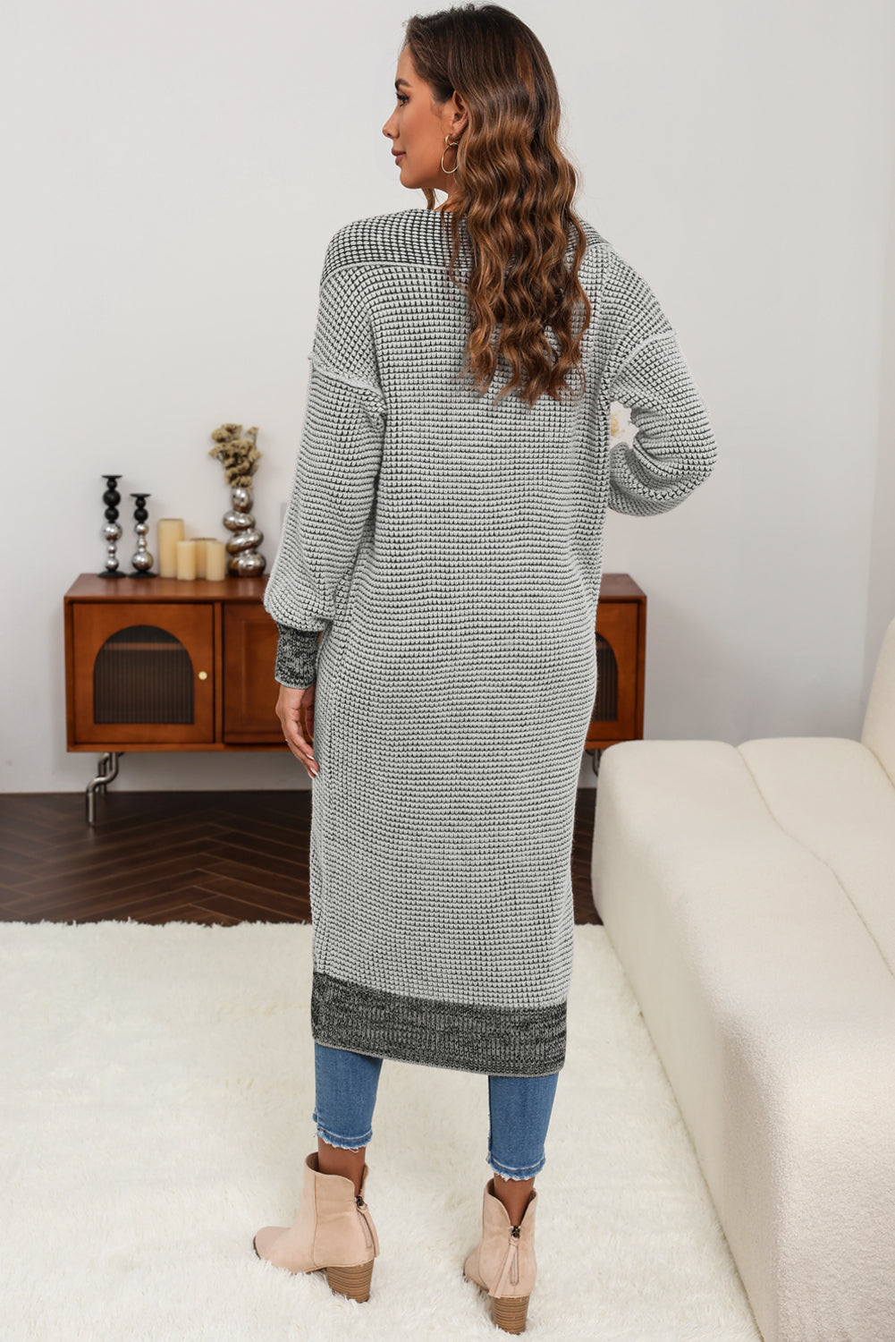 Gray Plaid Knitted Long Open Front Cardigan