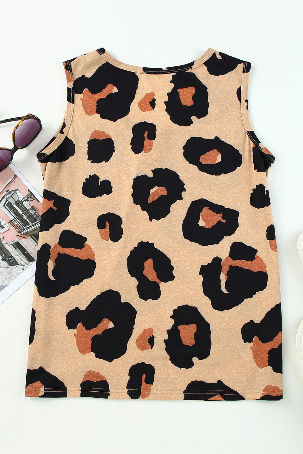 Leopard Button Neck Chest Pocket Tank Top