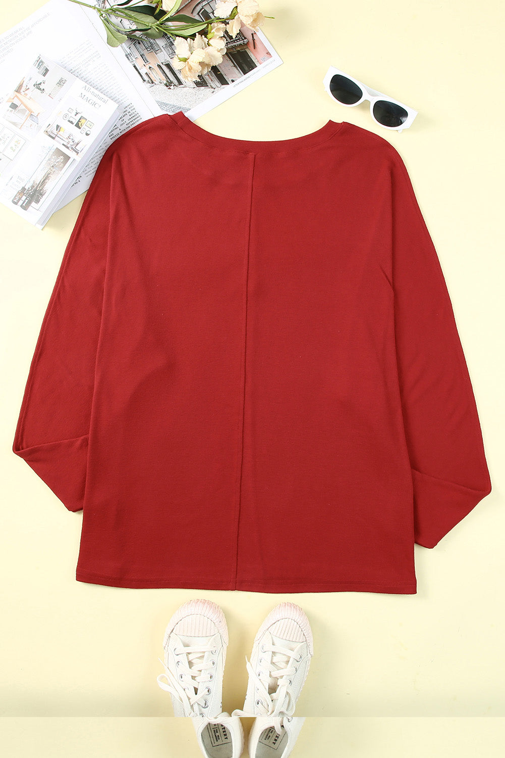 Red Sandalwood V Neck Center Seam Long Sleeve Tee