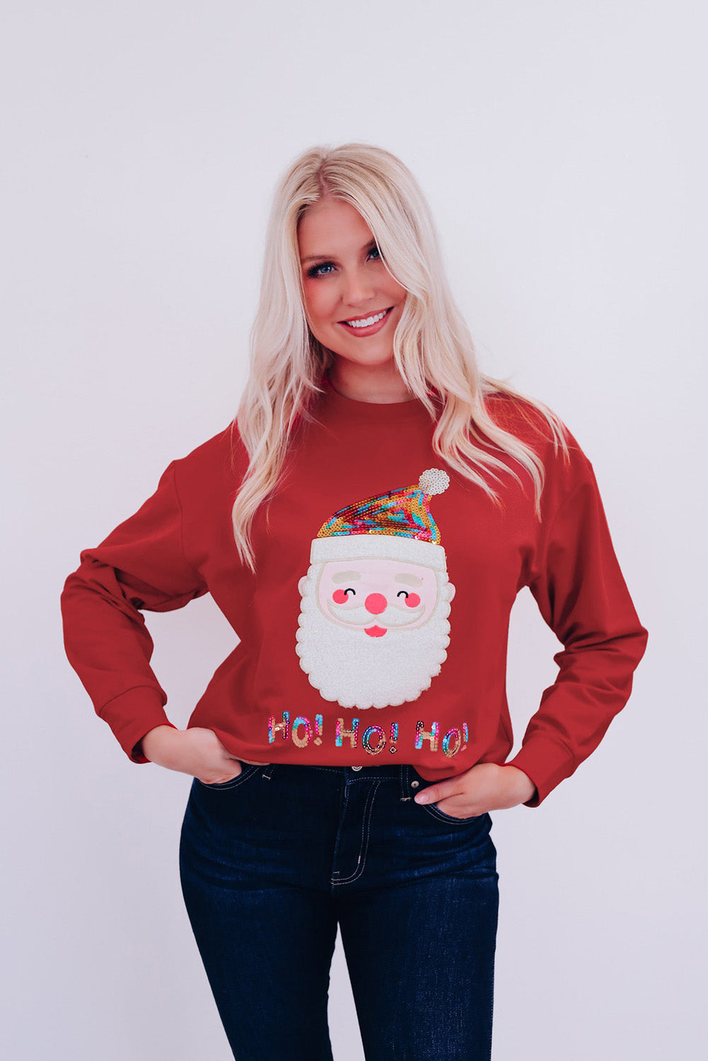 Red Christmas Santa Claus Print Drop Shoulder Sweatshirt