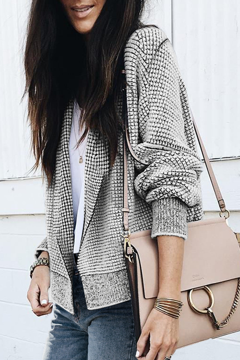 Gray Plaid Knitted Long Open Front Cardigan