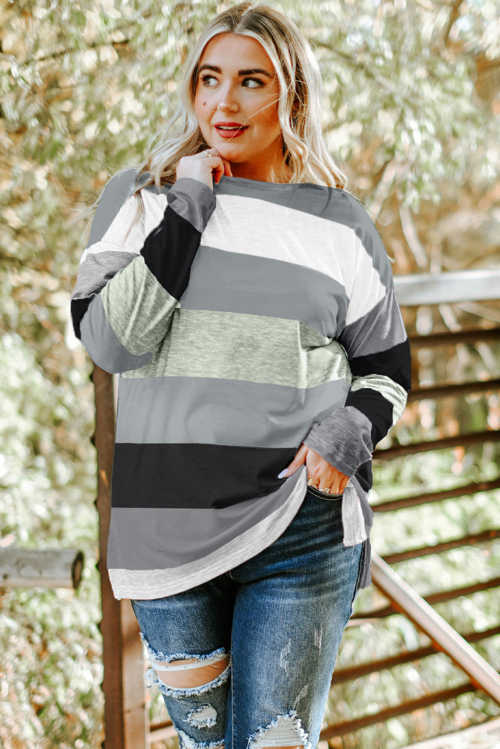 Gray Stripe Plus Size Colorblock Pullover Top