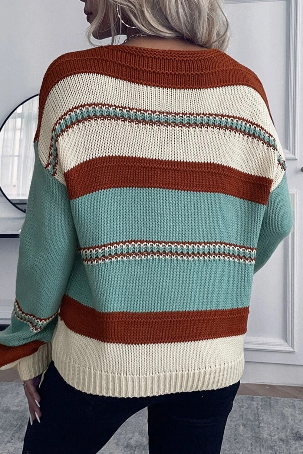 Coffee Striped Pattern Knit V Neck Sweater
