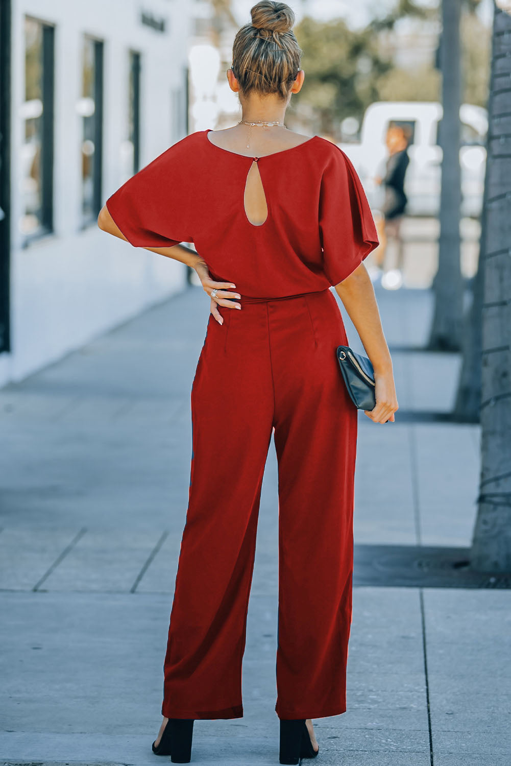 Red Belted Wide Leg Jumpsuit