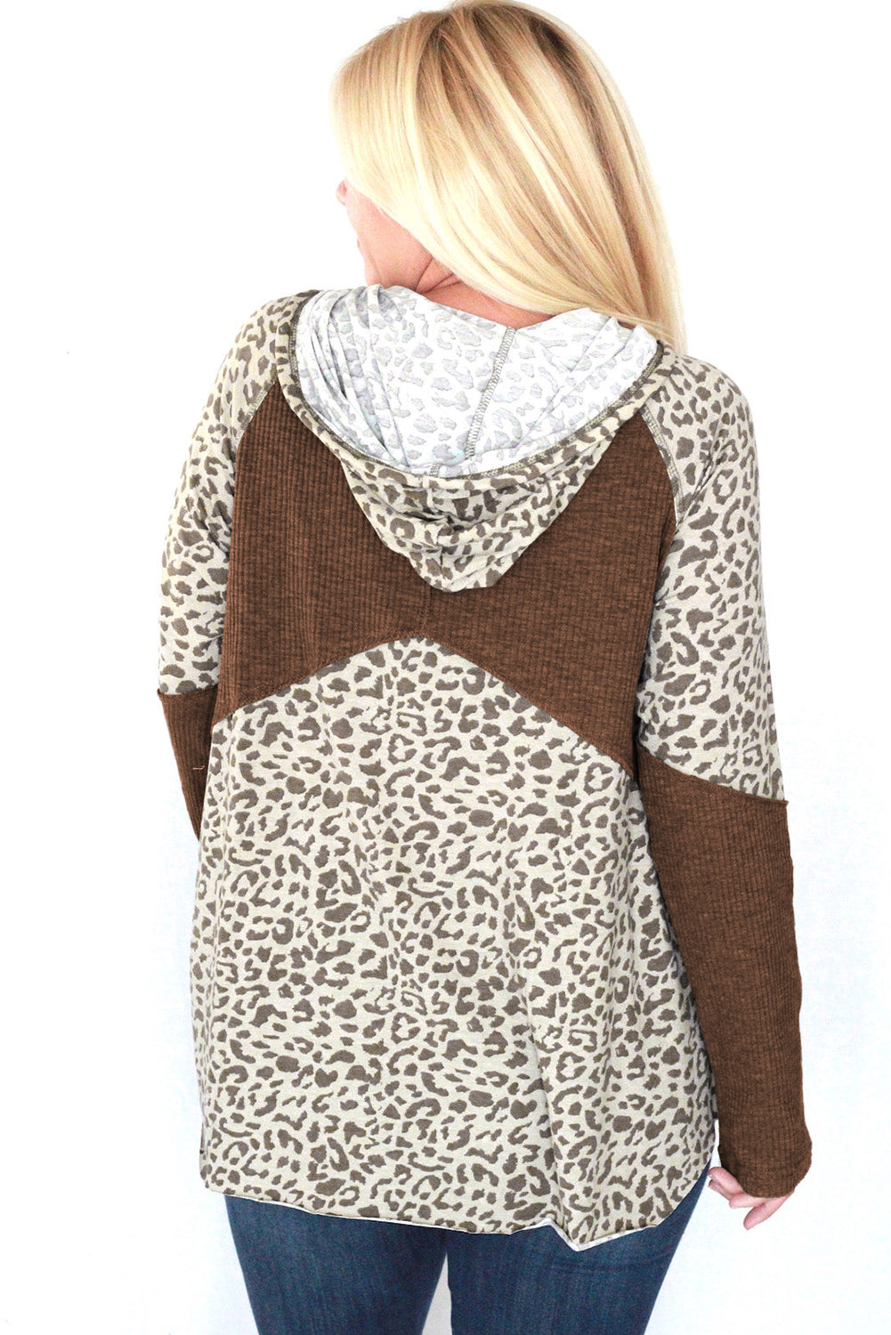 Leopard Print Ribbed Patchwork Buttoned Hoodie