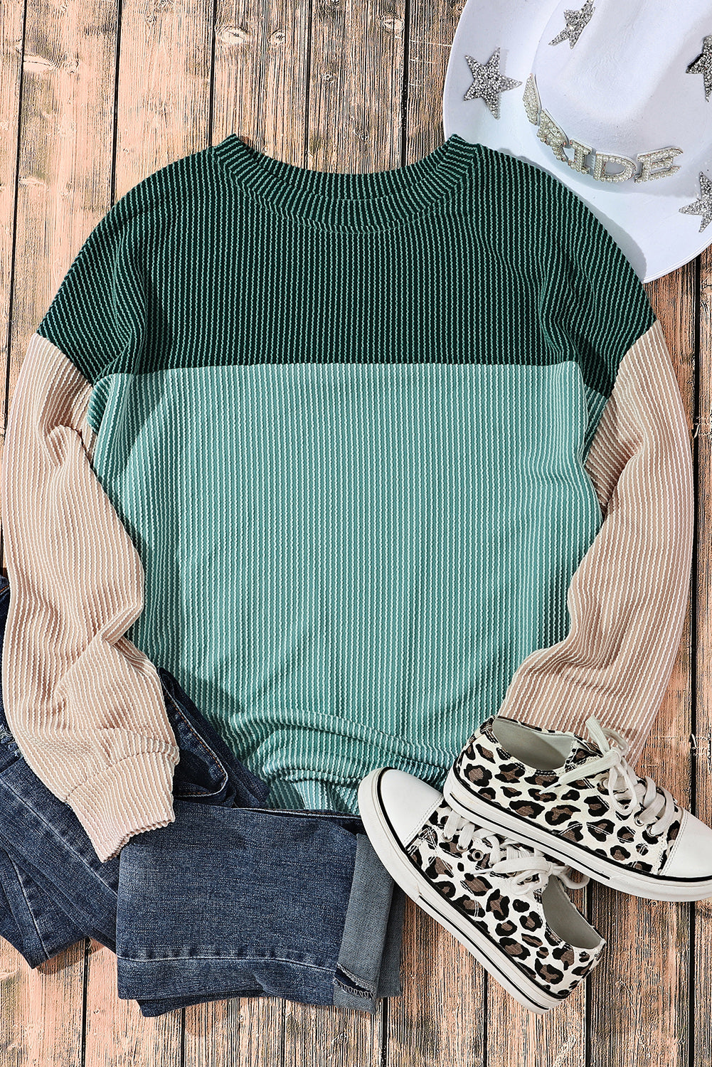 Khaki Corded 2pcs Colorblock Pullover and Pants Outfit