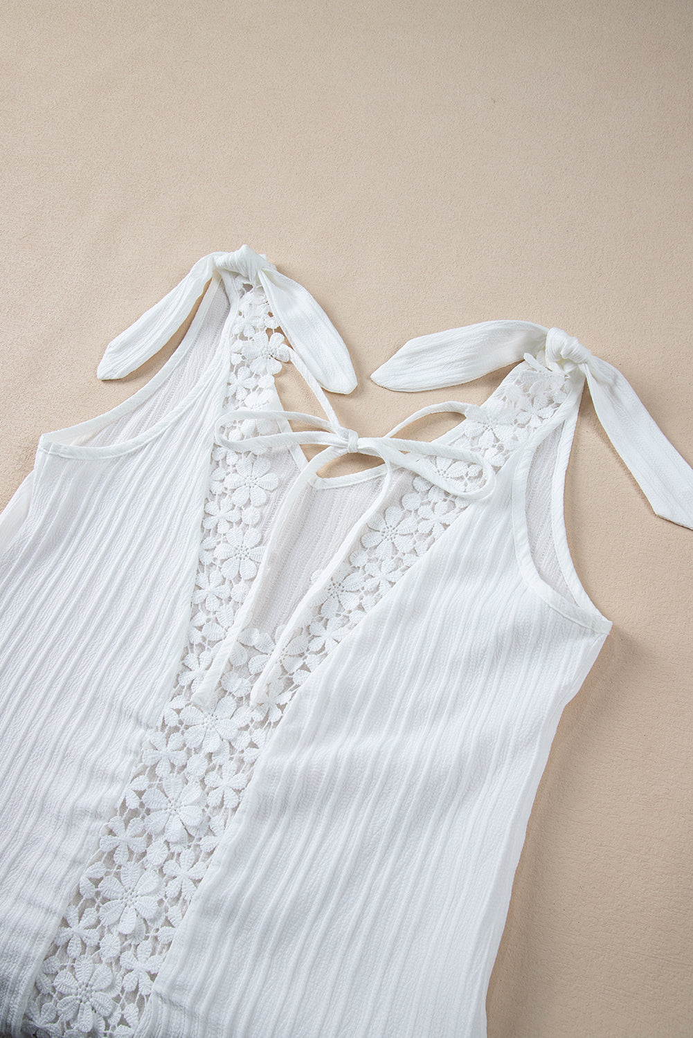 White Lace Splicing Knotted Backless V Neck Tank Top