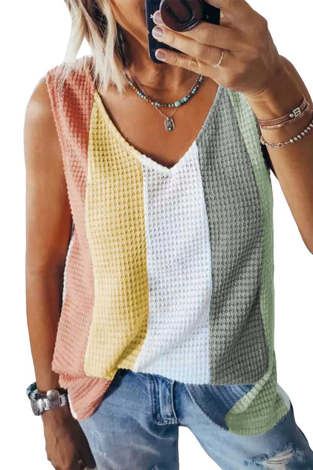 Multicolor Color Block V-Neck Waffle Knit Tank Top