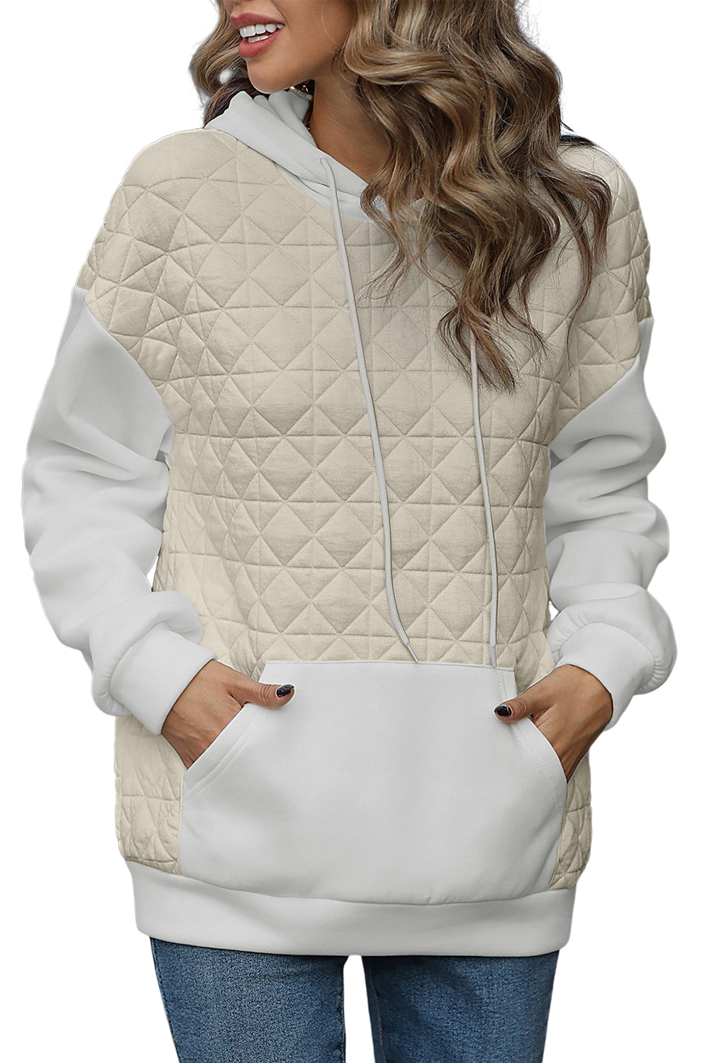 Beige Quilted V Neck Hoodie Drawstring Shorts Set