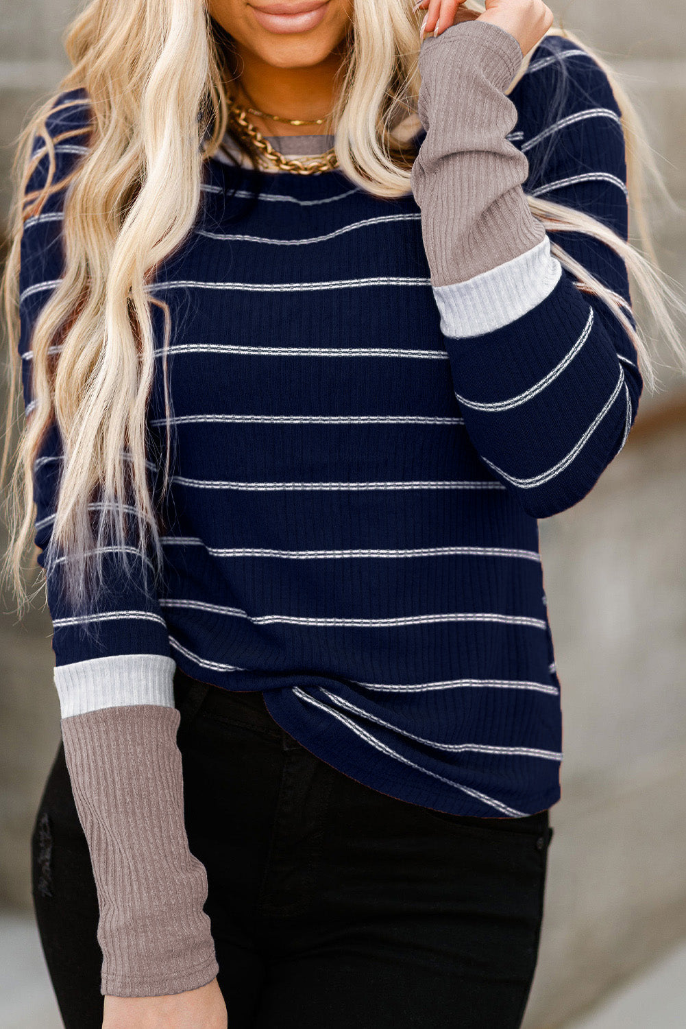 Blue Extend Color Block Cuffs Rib Knit Striped Pullover