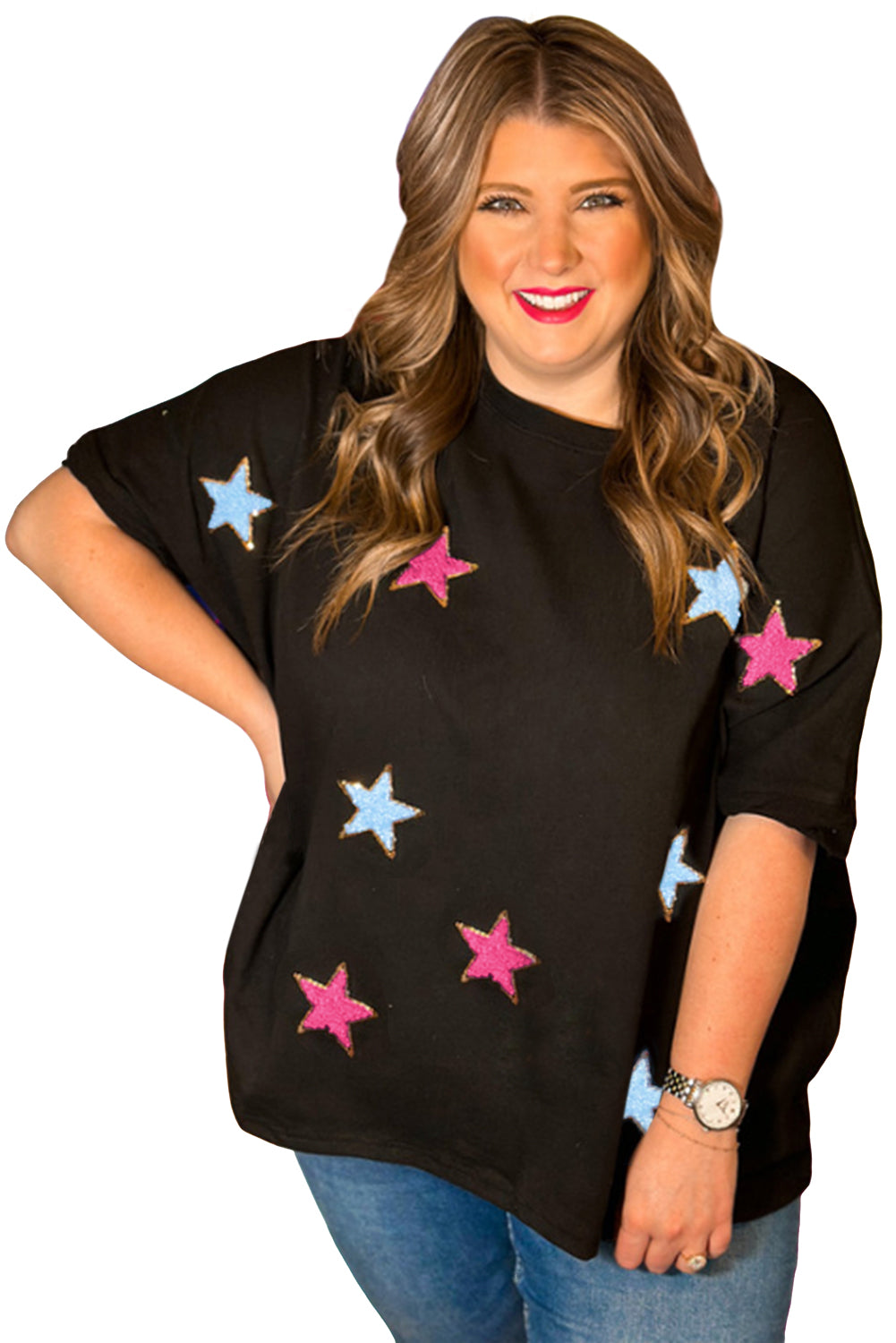 Black Sequin Chenille Star Pattern Plus Size Tee