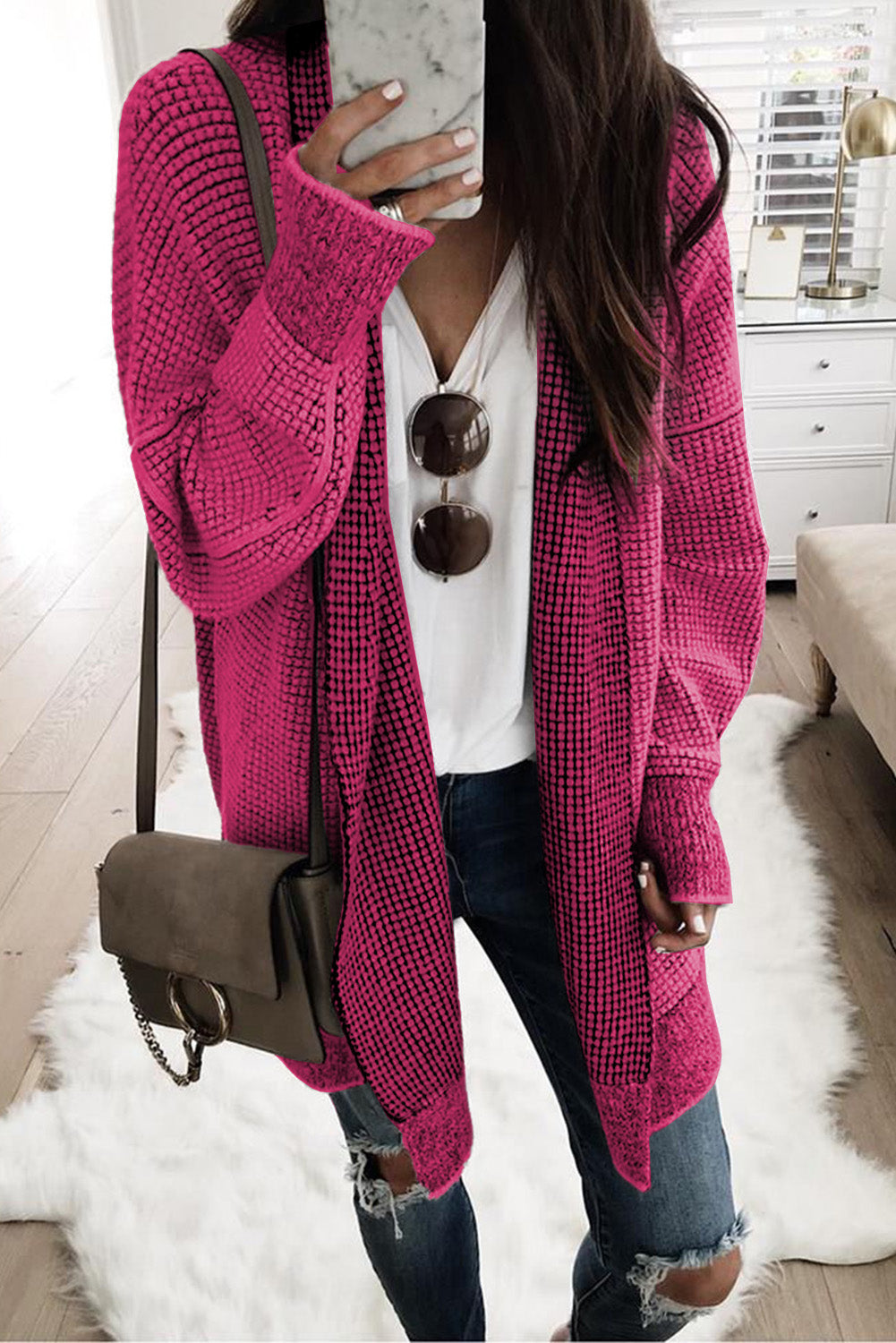 Gray Plaid Knitted Long Open Front Cardigan