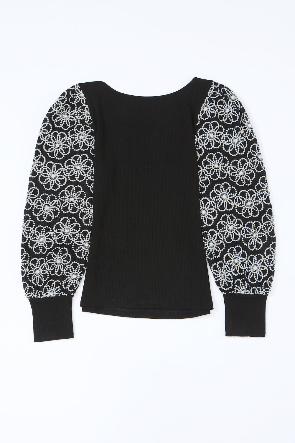 Black Plus Size Daisy Embroidered Puff Sleeve Ribbed Knit Top