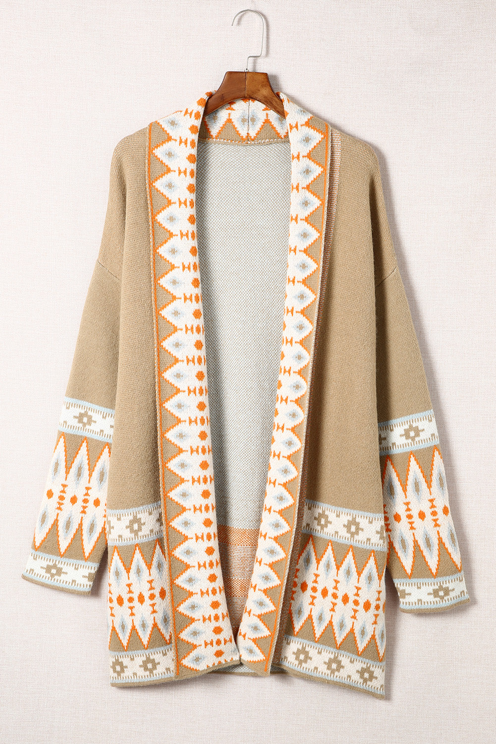 Orange Printed Aztec Print Open Front Knitted Cardigan