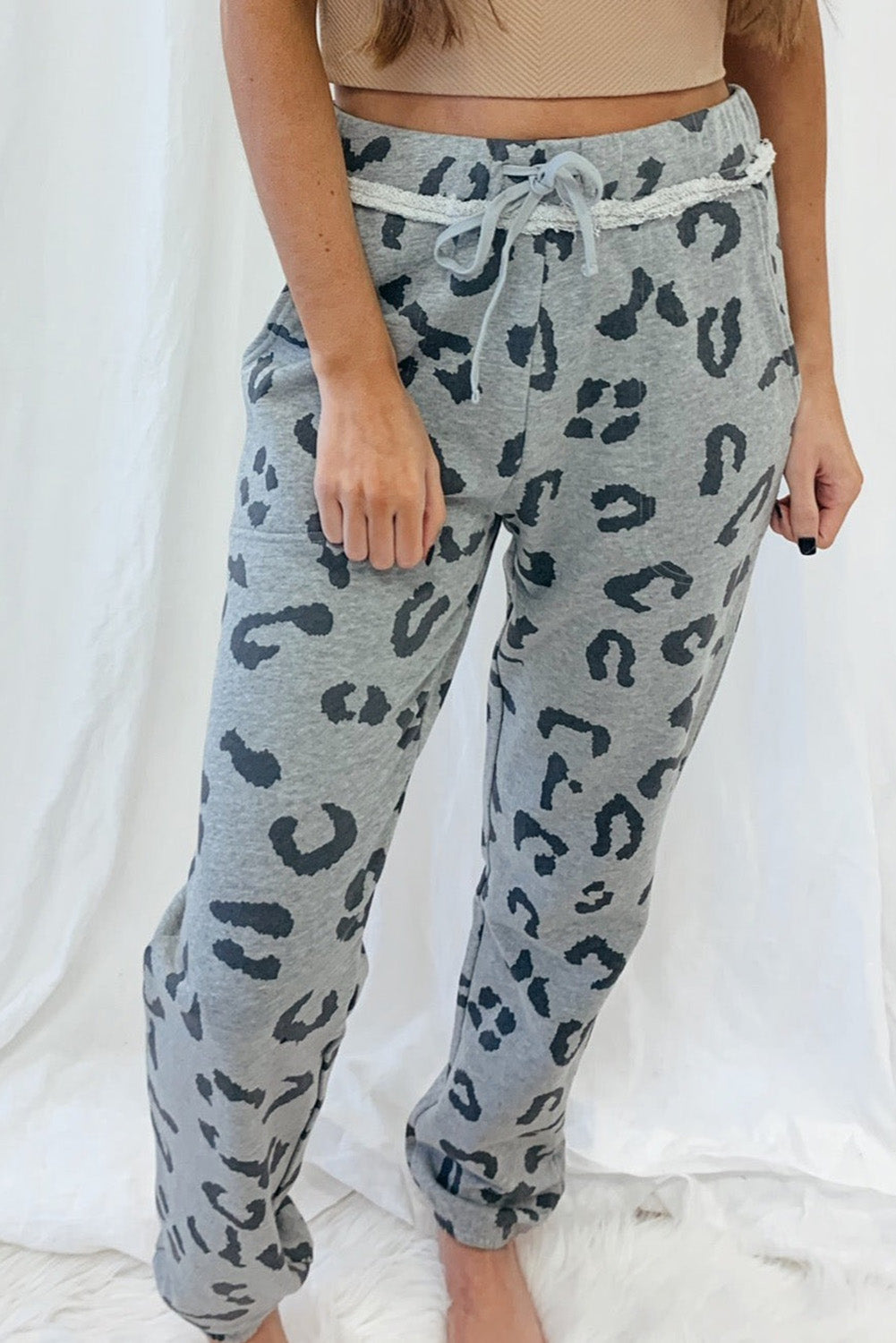 Gray Leopard Print Drawstring High Waist Jogger Pants