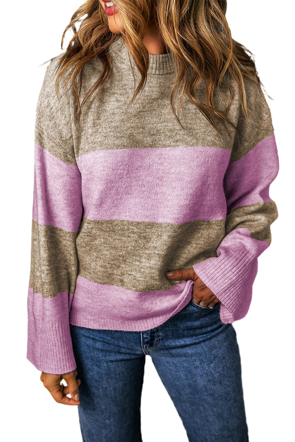 Rose Stripe Crew Neck Wide Sleeve Colorblock Sweater