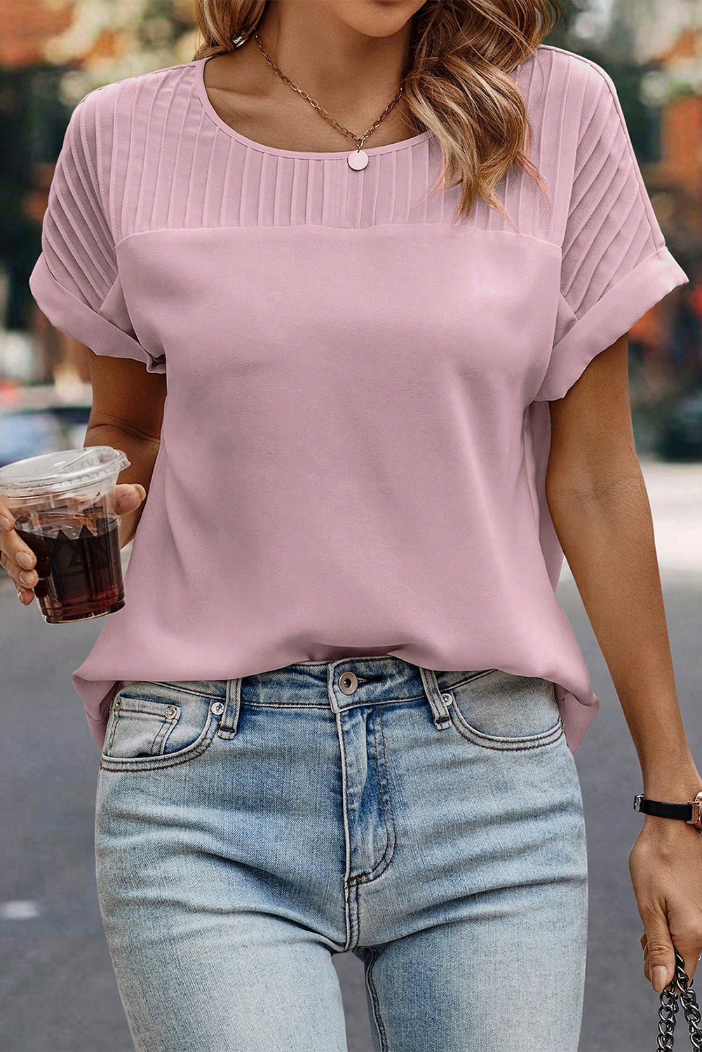 Light Pink Solid Pleated Patched Crew Neck T Shirt