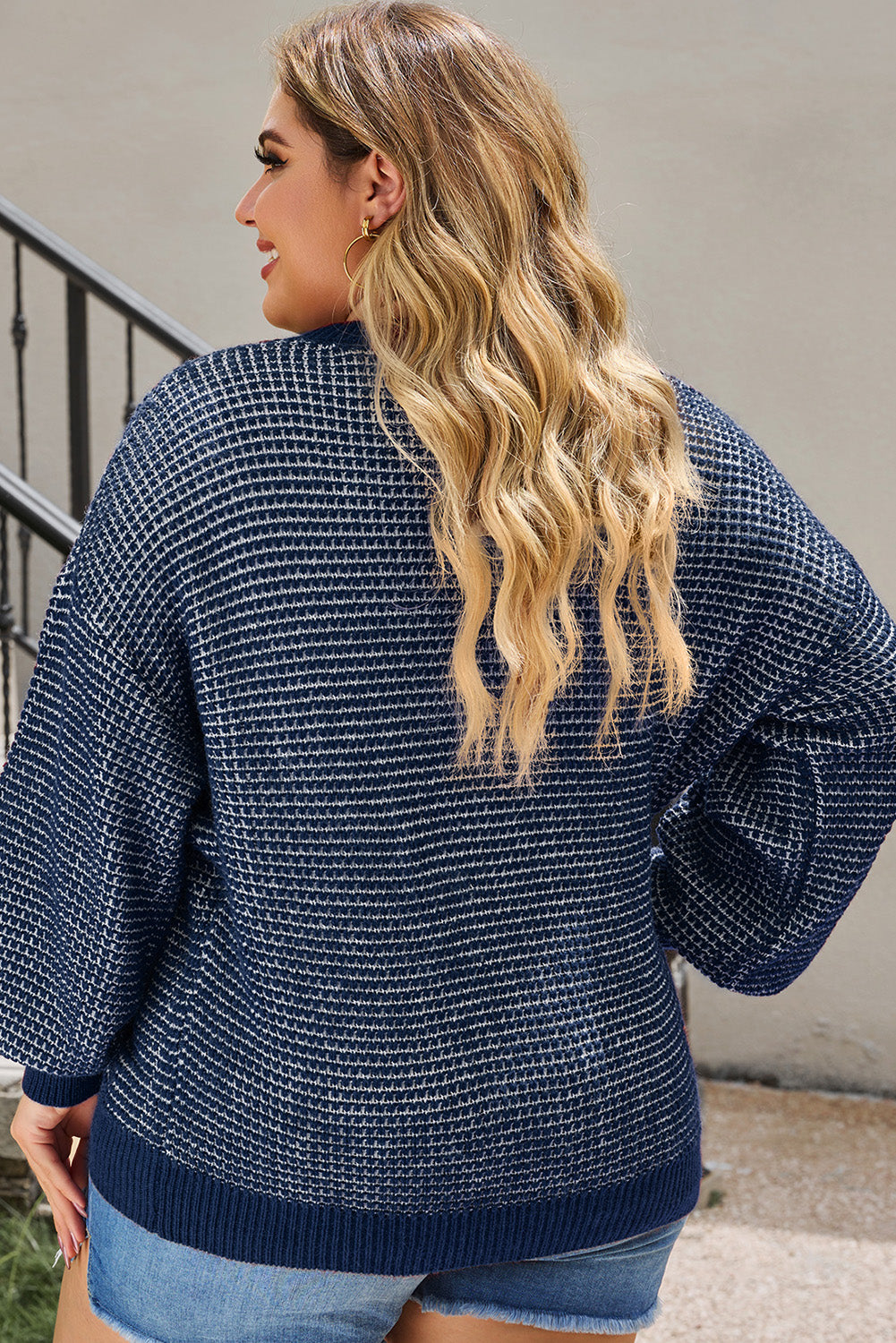 Blue Heathered Knit Plus Size Drop Shoulder Sweater