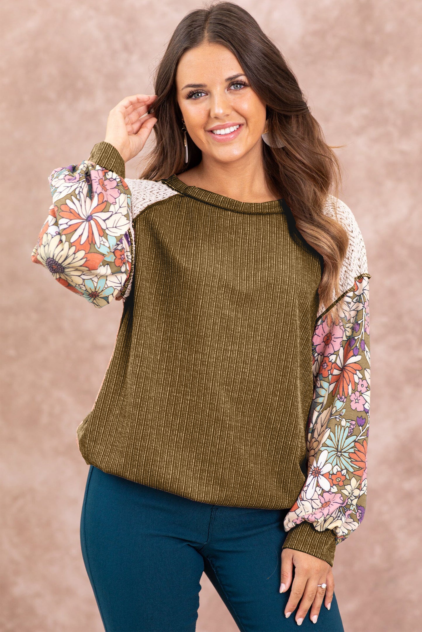 Brown Floral Patchwork Puff Sleeve Textured Blouse