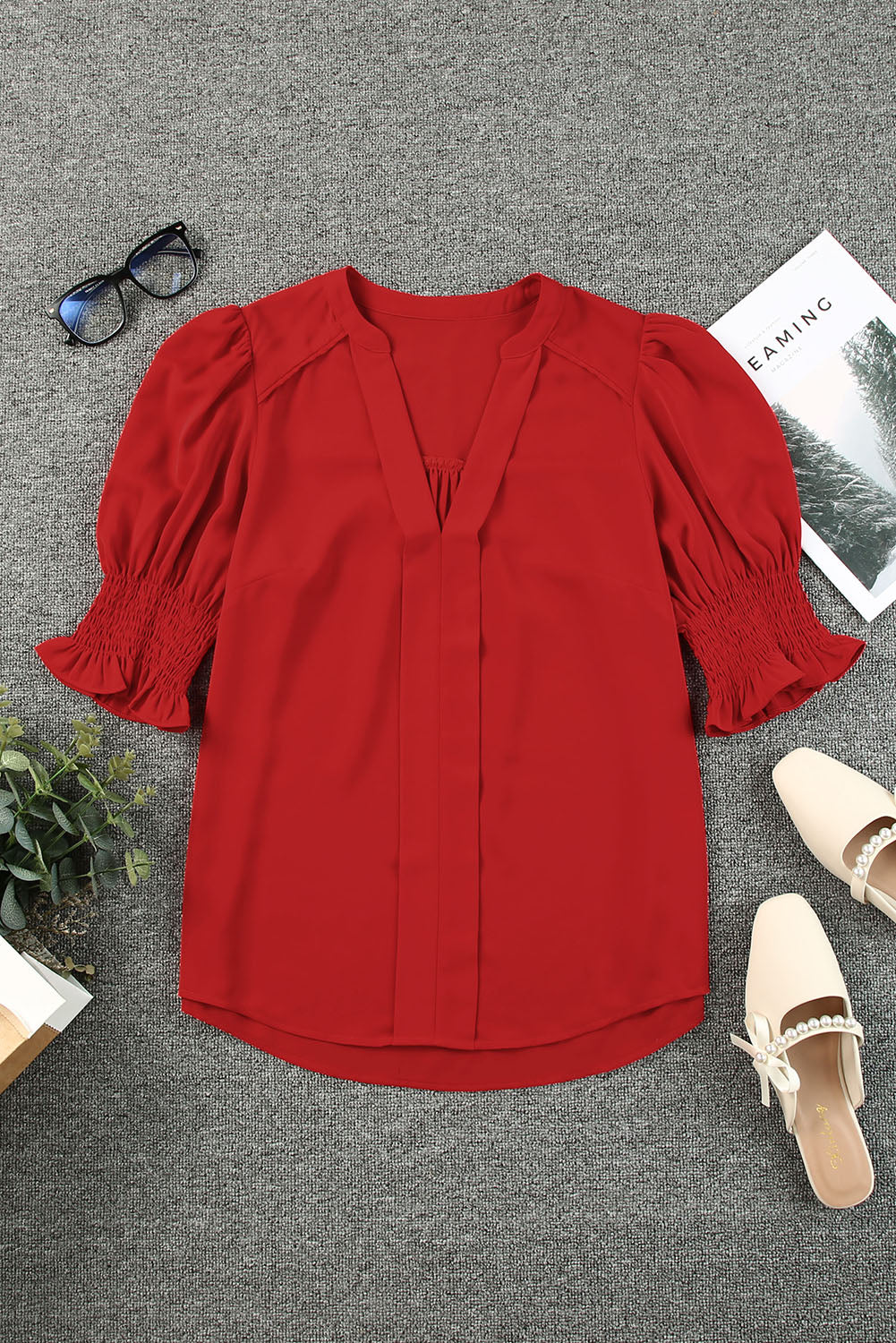 Red Solid Color Half Sleeve V Neck Blouse