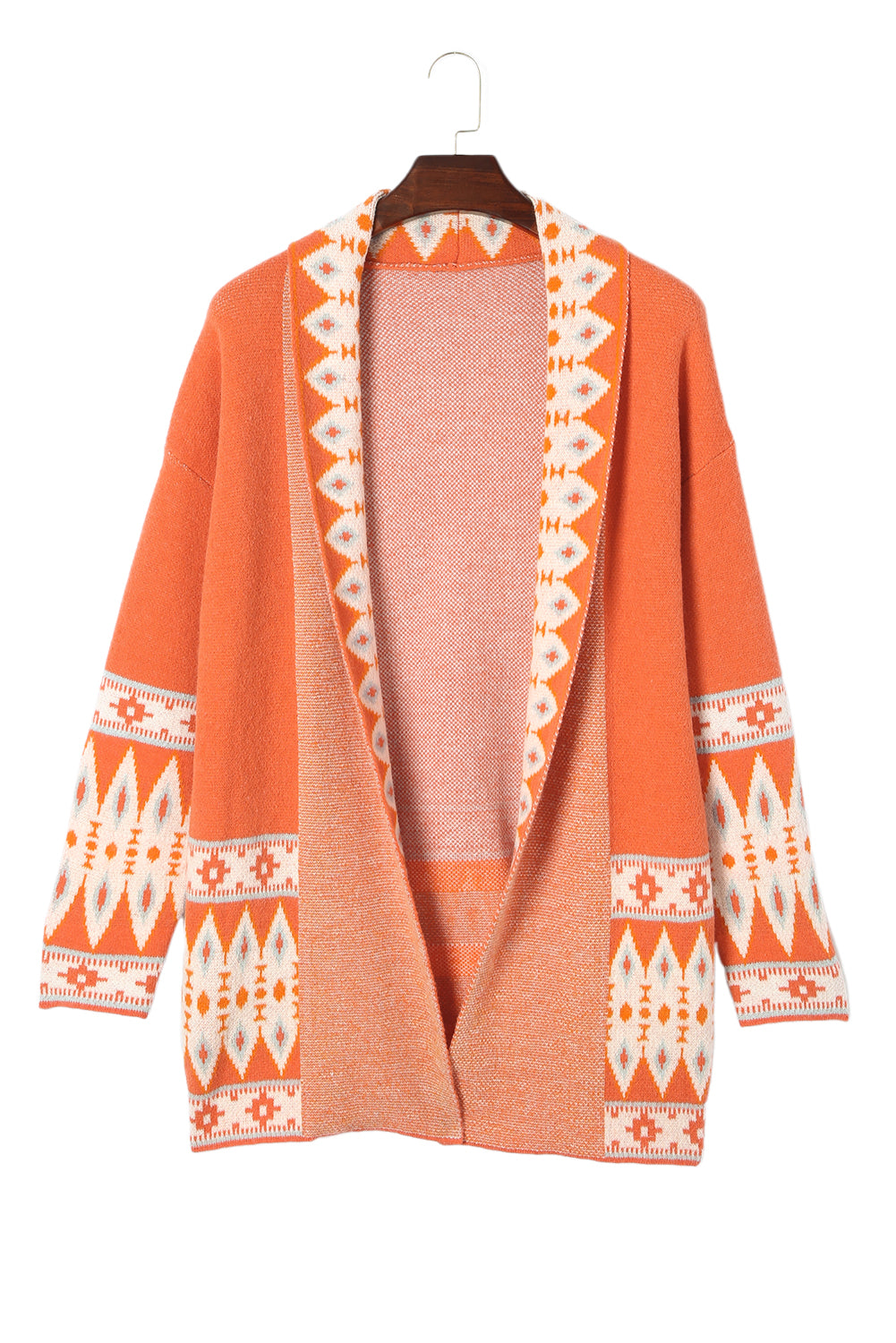 Orange Printed Aztec Print Open Front Knitted Cardigan